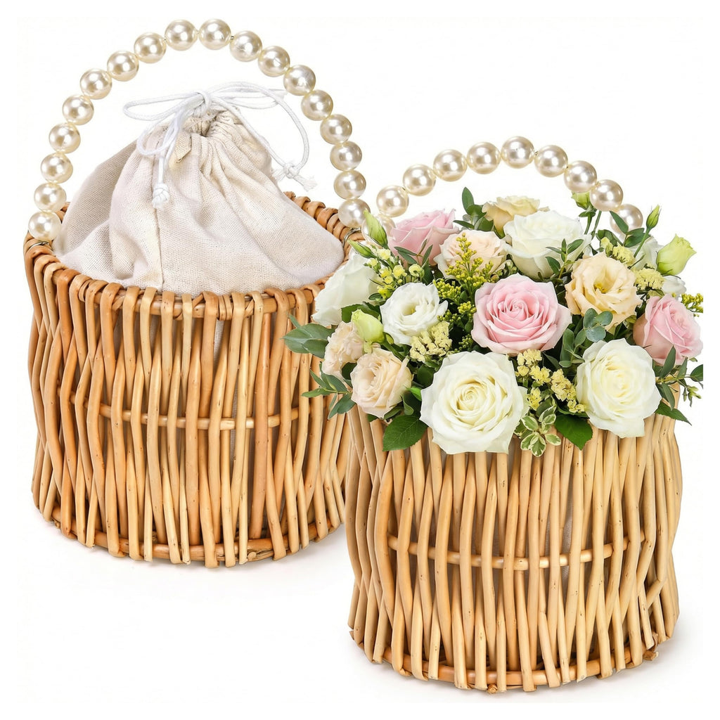 ZEAYEA 2 Pack Flower Girl Basket with Pearl Handle, Wedding Wicker Rattan Storage Basket, Boho Woven Small Flower Basket for Candy, Easter, Christmas, Home Decorations
