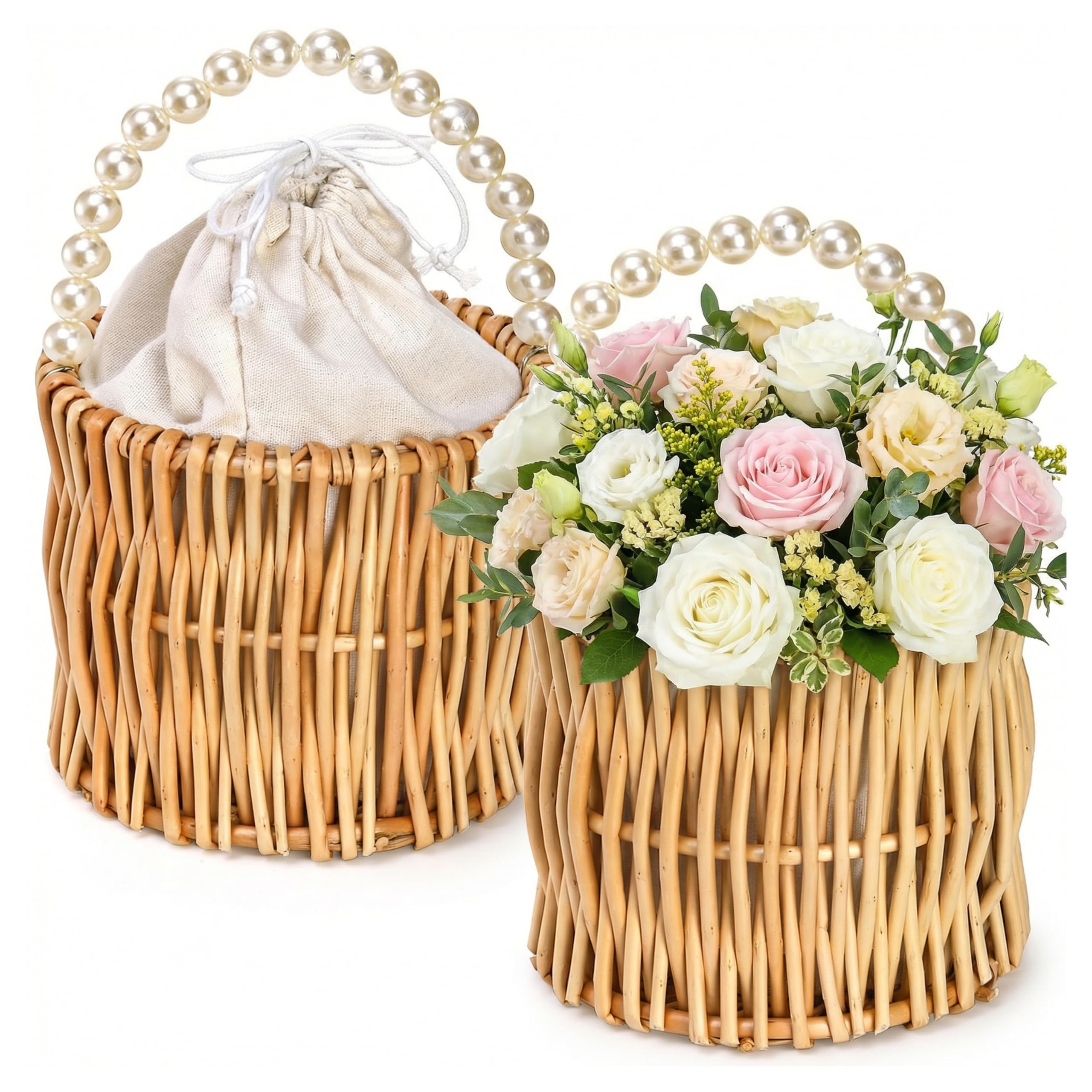 ZEAYEA 2 Pack Flower Girl Basket with Pearl Handle, Wedding Wicker Rattan Storage Basket, Boho Woven Small Flower Basket for Candy, Easter, Christmas, Home Decorations