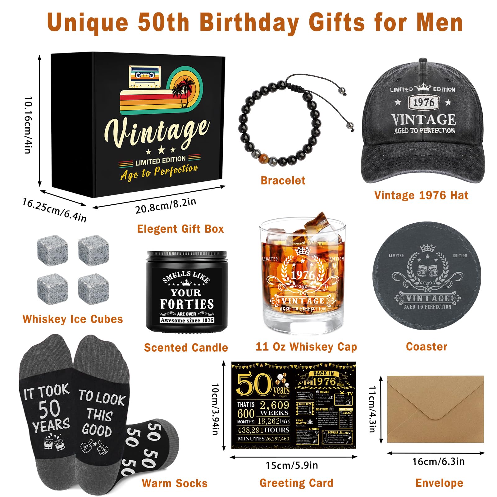 50th Birthday Gifts for Him, Happy 50th Birthday Decorations for Men, 50 Year Old Gifts for Man Who Have Everything, 1976 50th Birthday Gift Baskets for Men Whiskey Glass Baseball Cap Socks Stones