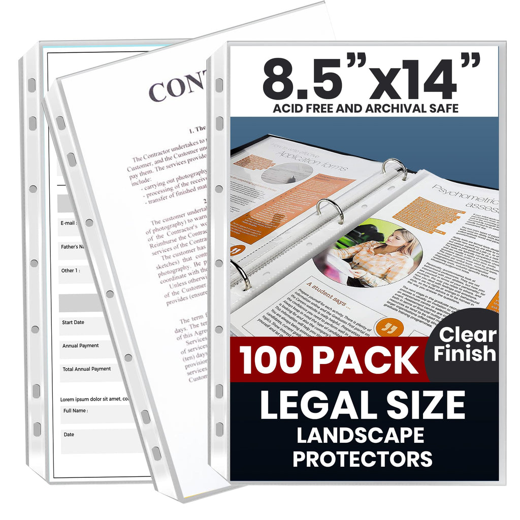 Legal Size Sheet Protectors 8.5x14, 100 Pack Heavyweight Top Loading 3-Ring Binder Sleeves, Archival Quality Acid Free Clear Plastic Page Protectors, Document Sleeves - Performore
