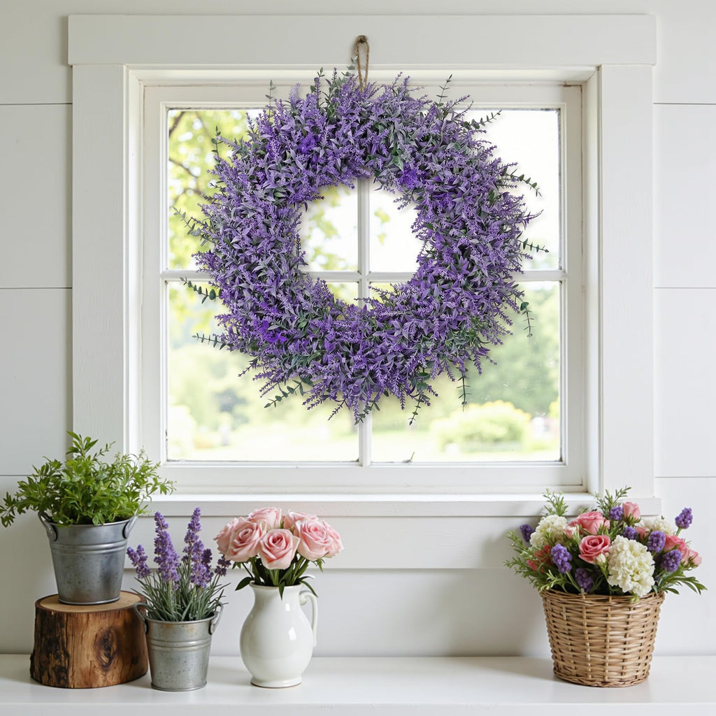 TOCHGREEN Lavender Wreath for Front Door 23Inch Artificial Spring Summer Purple Lavender Wreaths All Seasons Eucalyptus Wreaths for Indoor Outdoor Outside Wall Room Home Farmhouse Window Decor