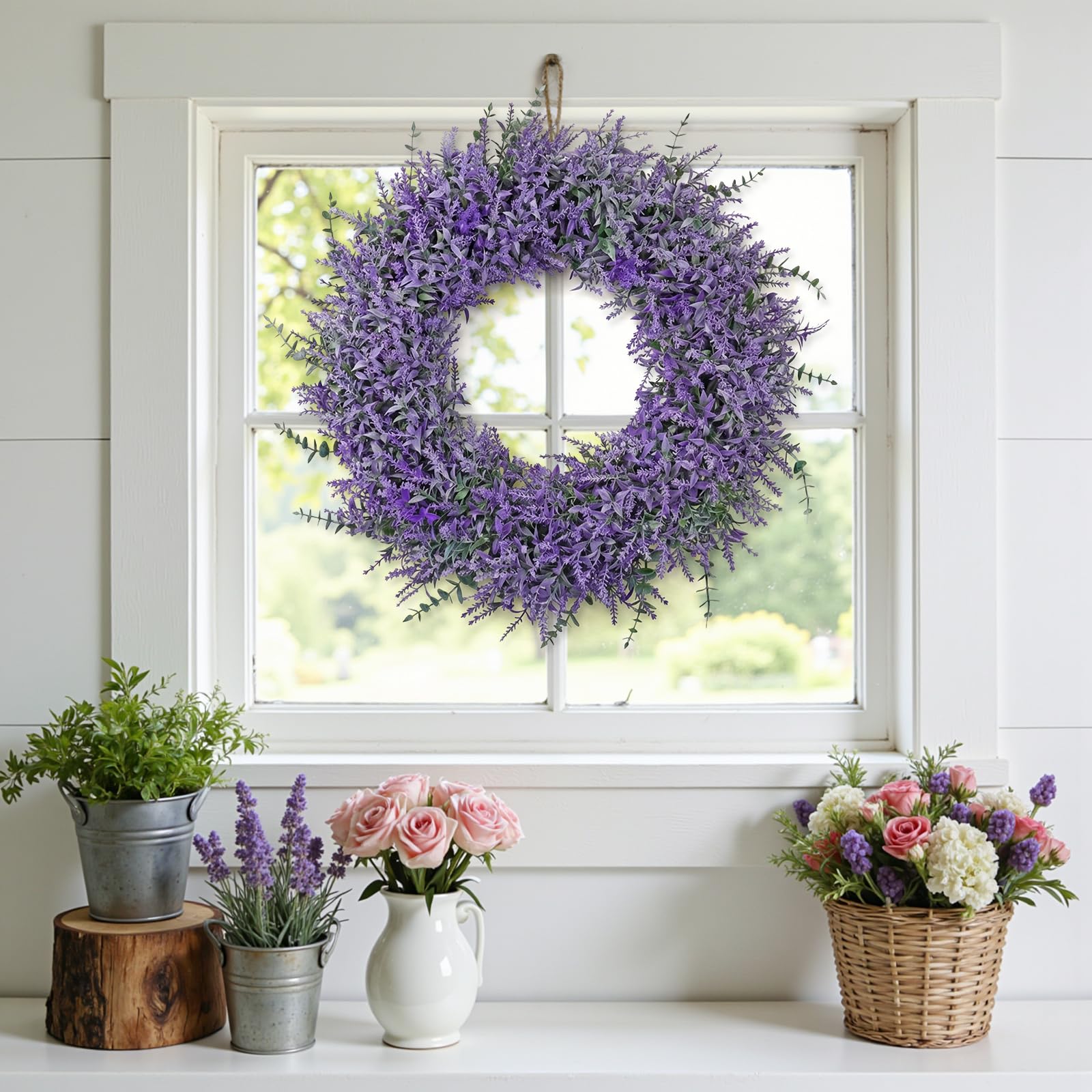 TOCHGREEN Lavender Wreath for Front Door 23Inch Artificial Spring Summer Purple Lavender Wreaths All Seasons Eucalyptus Wreaths for Indoor Outdoor Outside Wall Room Home Farmhouse Window Decor