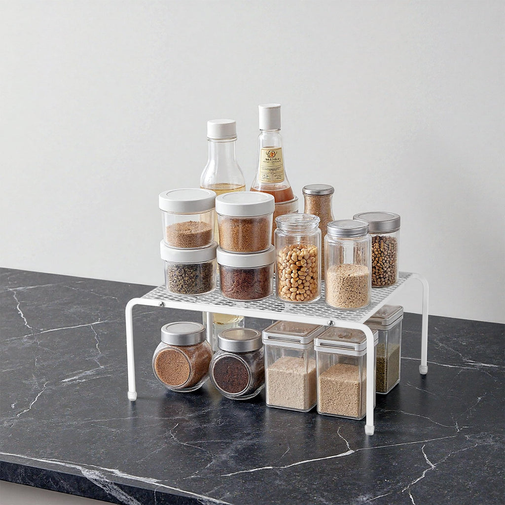 ROFAY 2-Pack Kitchen Cabinet Organizers and Storage Shelves, Metal Mesh Pantry Shelf Risers for Countertops and Cupboards, Expandable Rack for Dishes, Plates, Spices, and Jars - White