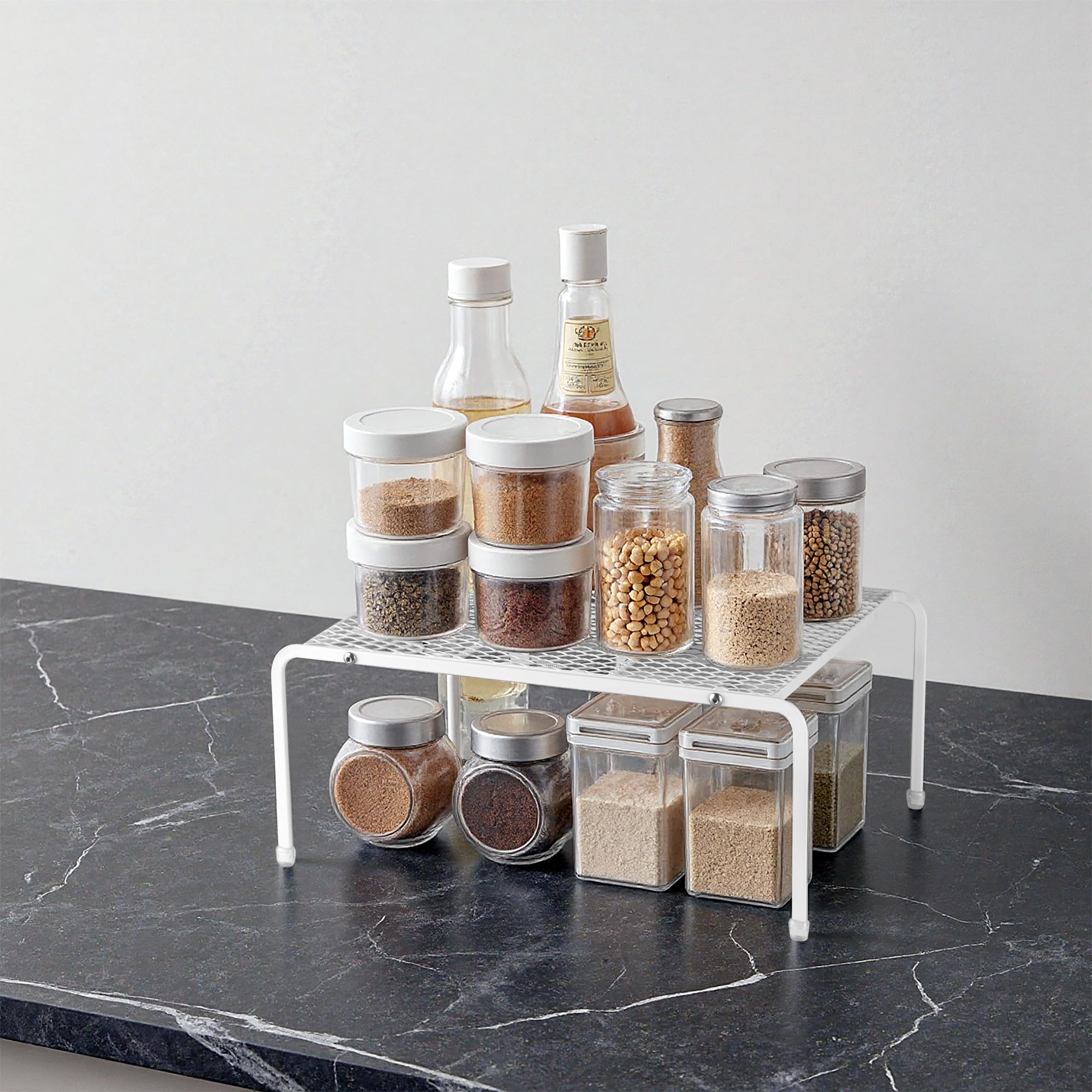 ROFAY 2-Pack Kitchen Cabinet Organizers and Storage Shelves, Metal Mesh Pantry Shelf Risers for Countertops and Cupboards, Expandable Rack for Dishes, Plates, Spices, and Jars - White