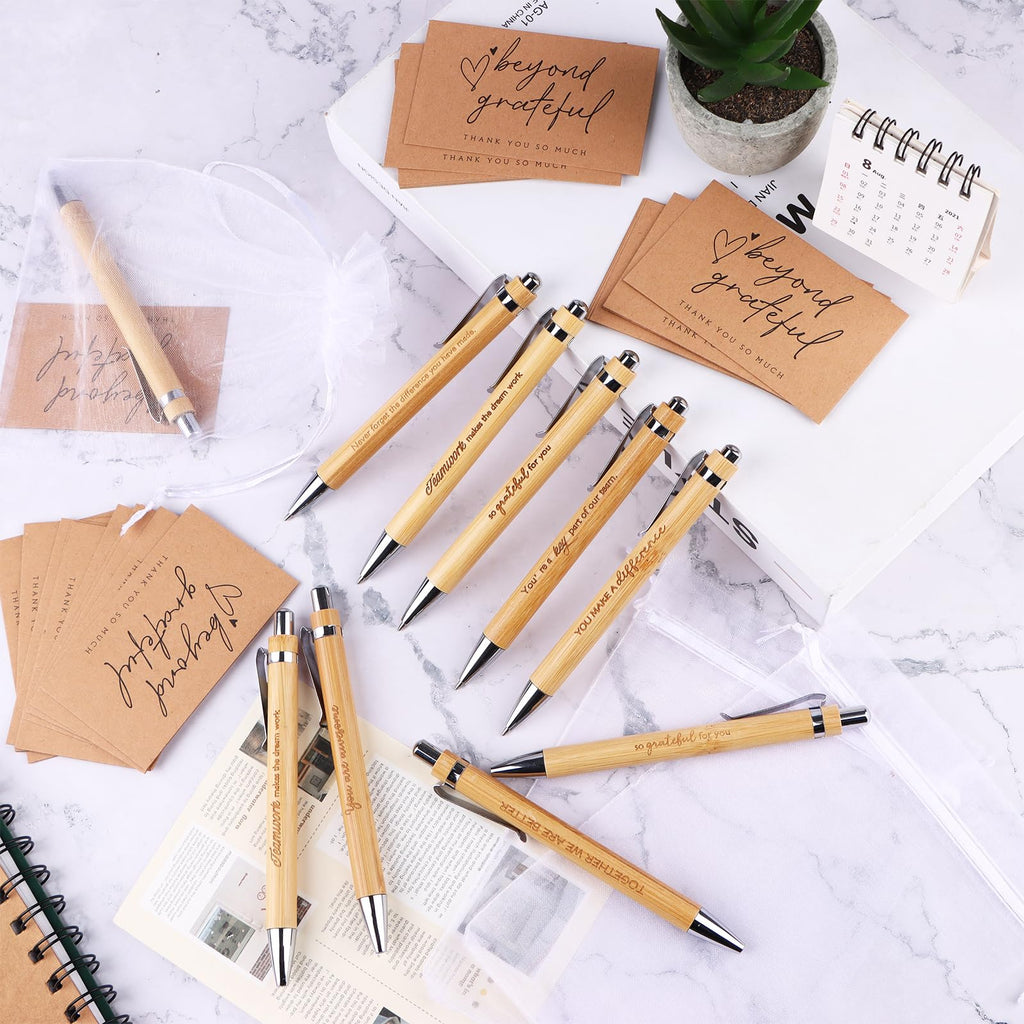 90 Pcs Employee Appreciation Gifts Inspirational Bamboo Ballpoint Pens Thank You Motivational Quotes Pens with Organza Bags and Thank You Cards Encouraging Pen Thank You Gifts for Teacher Colleagues