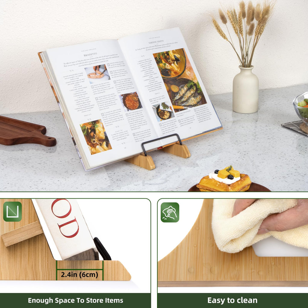PUERSI Cookbook Stand for Kitchen Counter, Bamboo Cookbook Holder, Cook Book Stand for Kitchen, Recipe Book Holder - NEW Patented Design
