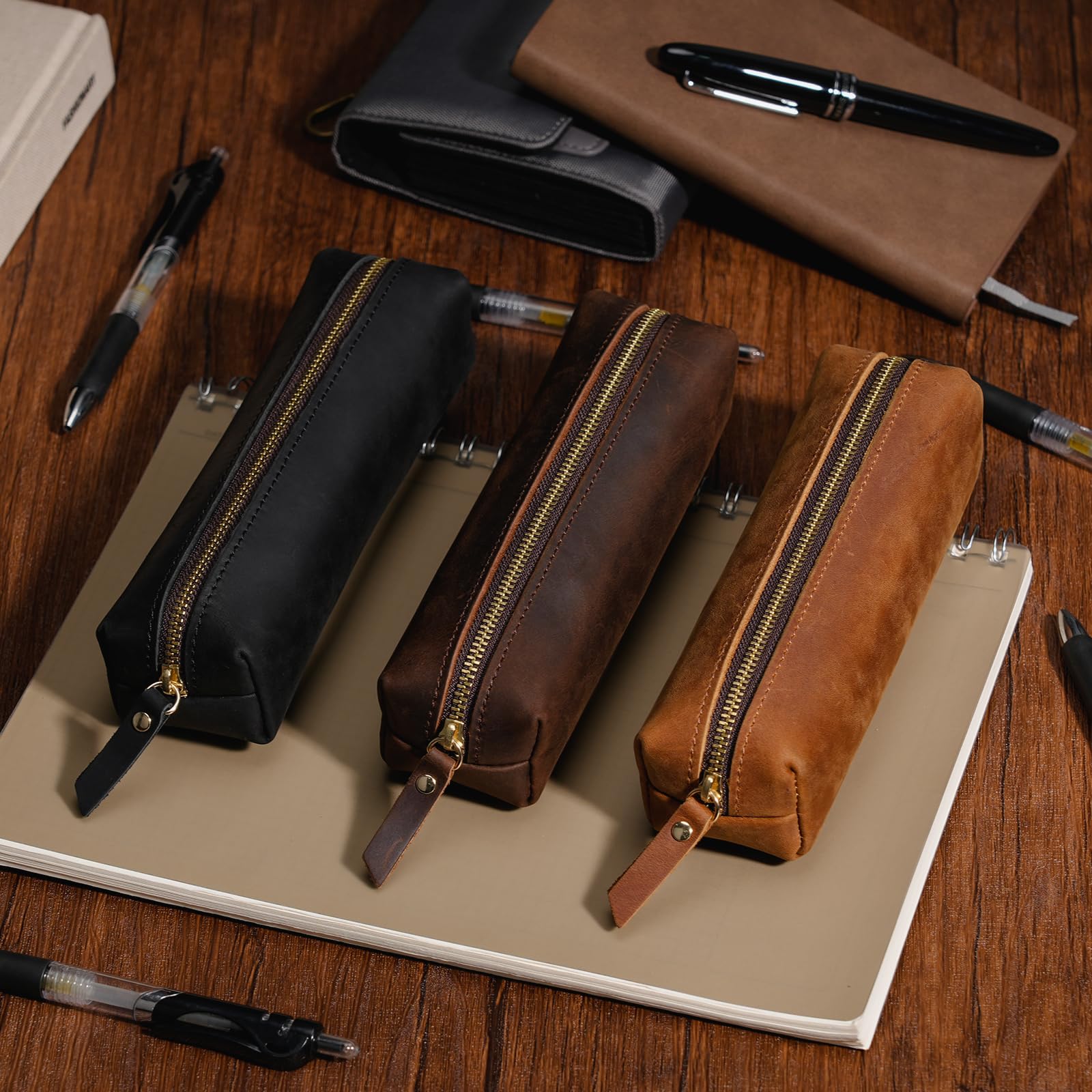 ECHSRT Small Pencil Pouch-Full-Grain Leather Pencil Case for Men- Vintage Genuine Leather Pouch for Adults-Stationery Organizer Bag for Work & Travel-Square-Coffee