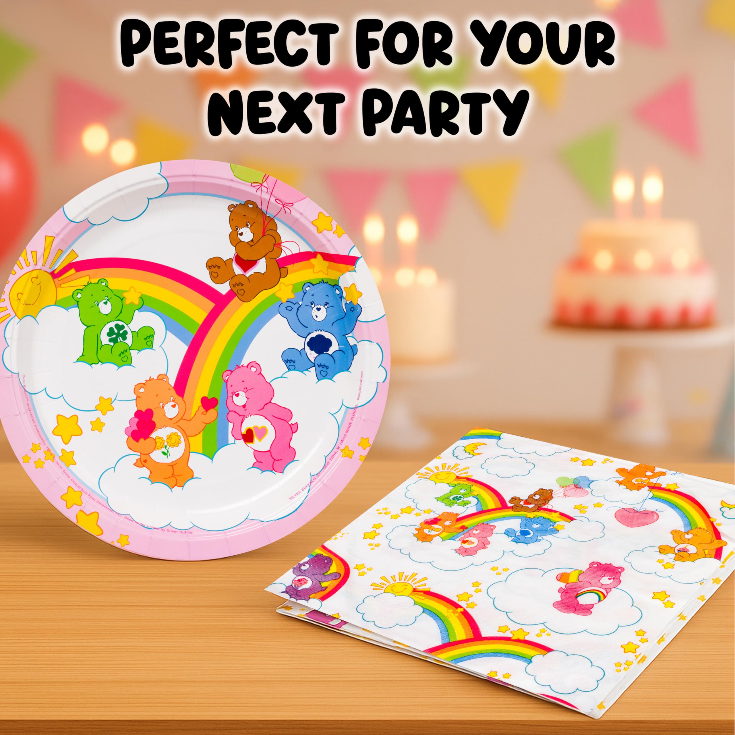 Silver Buffalo Care Bears We Love Rainbows Group Clouds 32ct Paper Napkin and Plate Party Pack