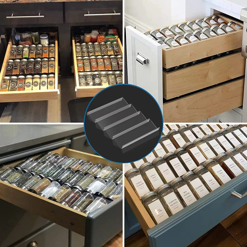 4 Pcs Spice Drawer Organizer, 1 Set 4 Tier Clear Acrylic Expandable In-Drawer Seasoning Jars Rack, Kitchen Drawer Spice Insert Tray for Cabinet/Countertop