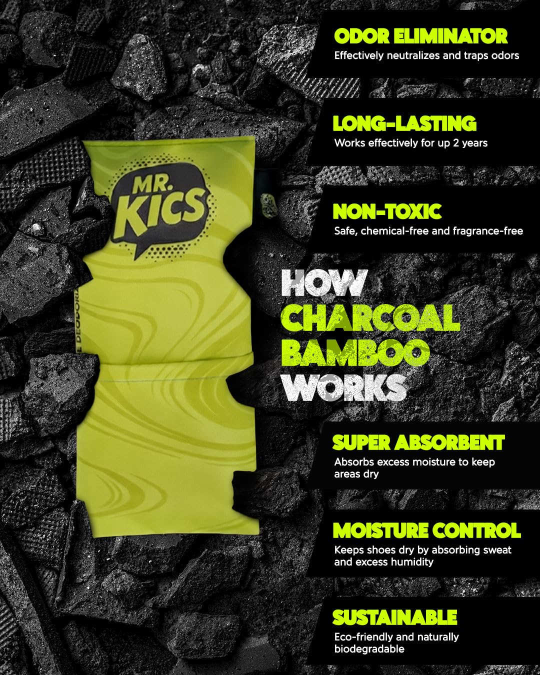 MR.KICS - Shoe Deodorizer Insert, Activated Charcoal Odor Eliminator, Moisture Absorber for Shoes, Gym Bags, Boxing Gloves, Cleats, Sports Gear - XL 2-Pack