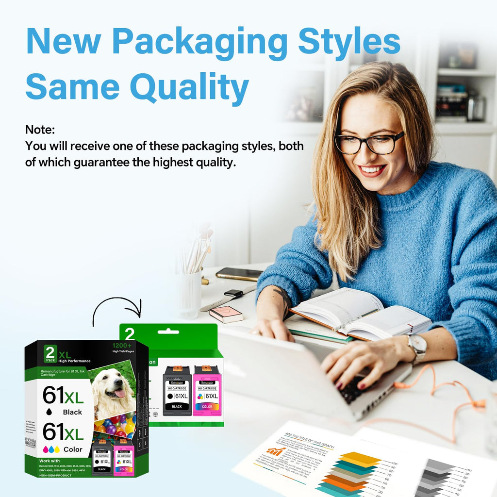 Printer Ink 61XL Black for HP 61 Ink Cartridges |2 Pack 61 XL High Yield Replacements for HP 61 Black Ink Work with Envy 4500, 5530, 4502, DeskJet 1000, 1510, 2540 OfficeJet 4630, 4635 Printers