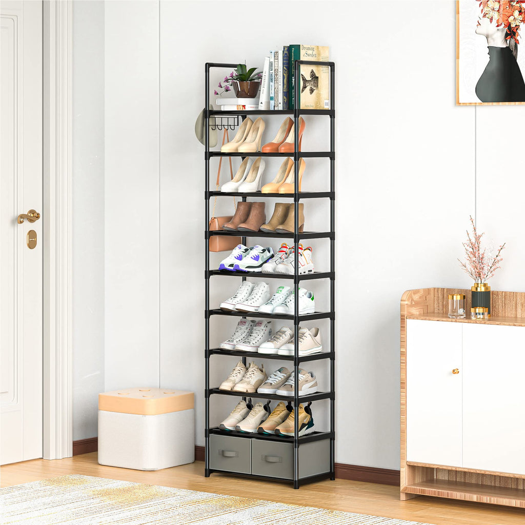 OYREL Tall Shoe Rack 10 Tier Narrow Shoes Rack 20 25 Pairs, Shoe Storage Shoe Organizer for Closet, Sturdy Metal Shoe Shelf with 2 Boxes 1 Hook