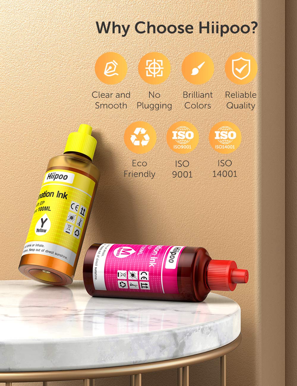 Hiipoo Sublimation Ink Refilled Bottles Work with WF7710 ET2760 ET2720 ET2803 ET2800 C88+ XP-4105 Inkjet Printer Heat Press Transfer on Mugs Plates T-Shirts Pillows Phone Case（B/C/M/Y）…