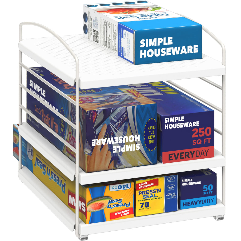 Simple Houseware Height Adjustable Kitchen Shelf Organizer, Aluminum Foil & Plastic Wrap Rack for Cabinet or Counter Storage, 9.5" D x 7.9" W x 9.8" H, White
