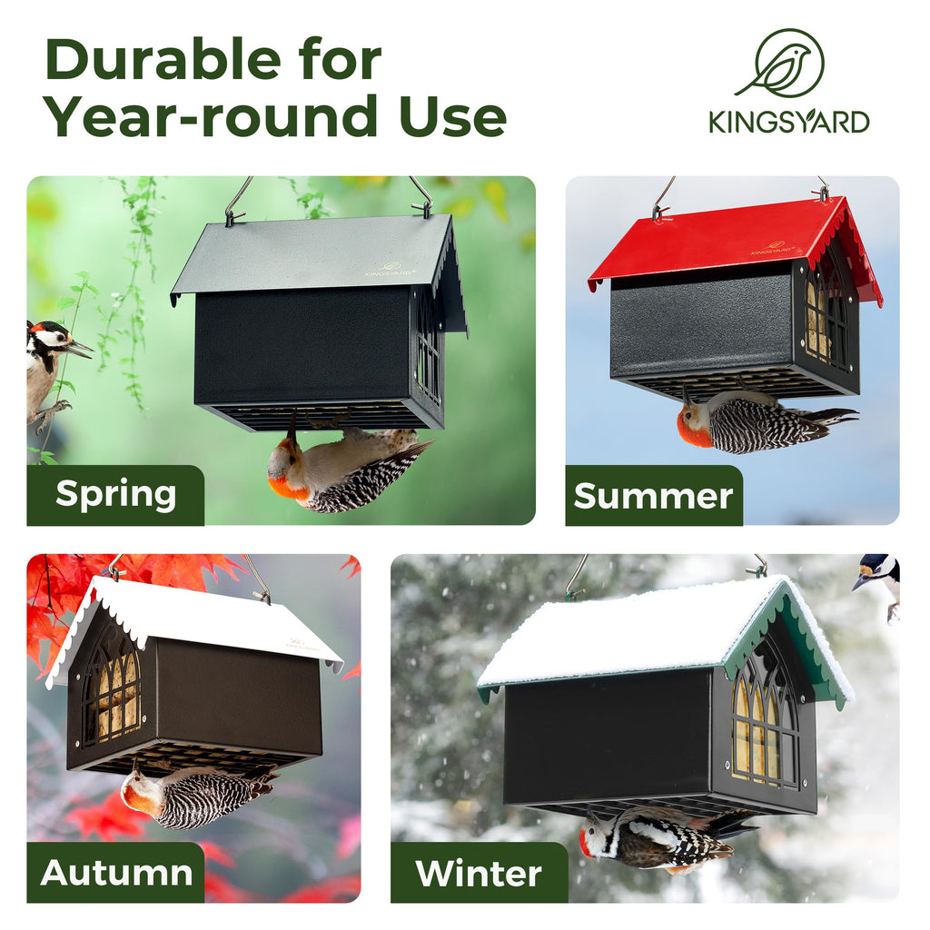 Kingsyard Double Suet Bird Feeder with Weatherproof Roof, All Metal, Upside Down Suet Feeders for Outdoors Hanging, Great for Downy Woodpecker Nuthatch Chickadee, Red