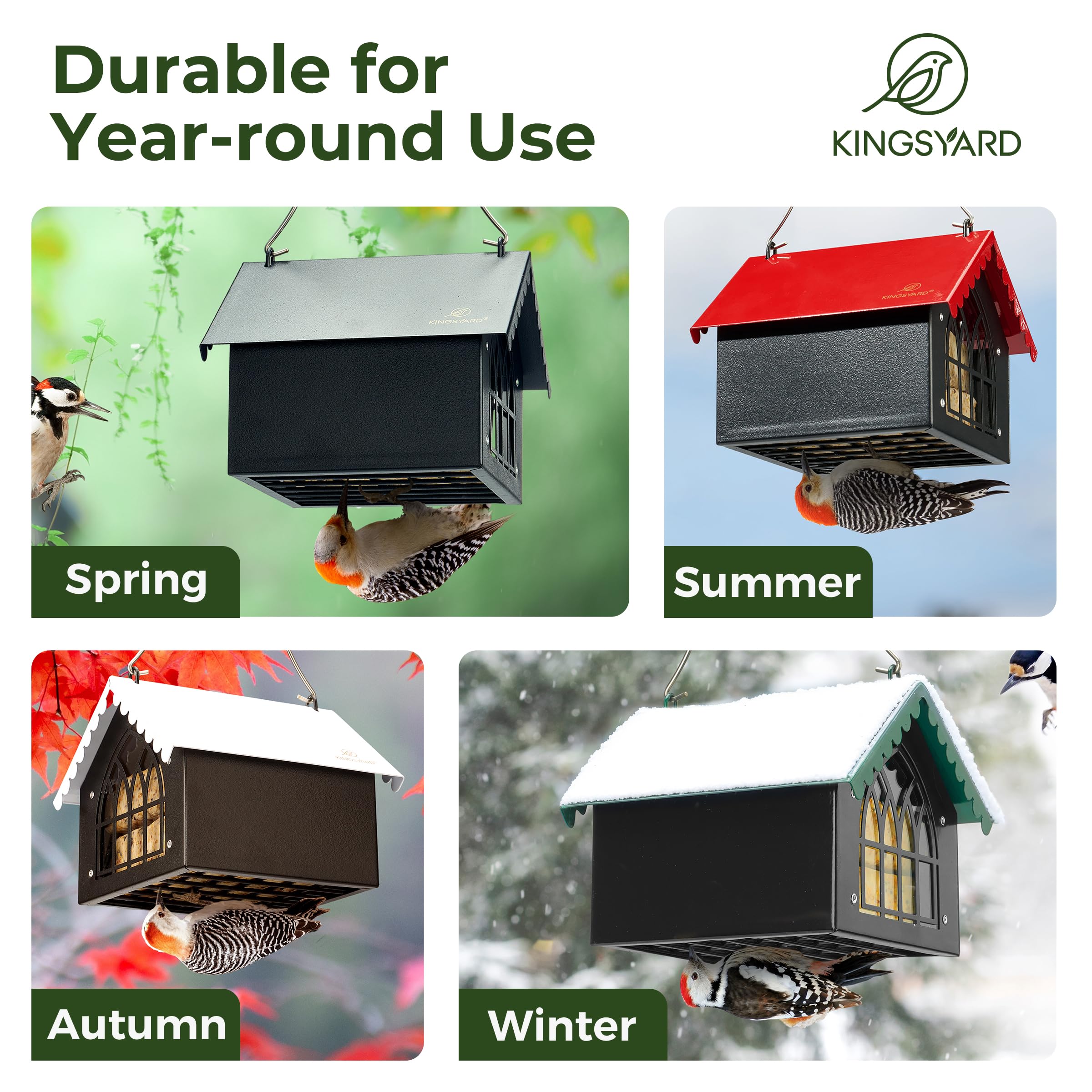 Kingsyard Double Suet Bird Feeder with Weatherproof Roof, All Metal, Upside Down Suet Feeders for Outdoors Hanging, Great for Downy Woodpecker Nuthatch Chickadee, Red