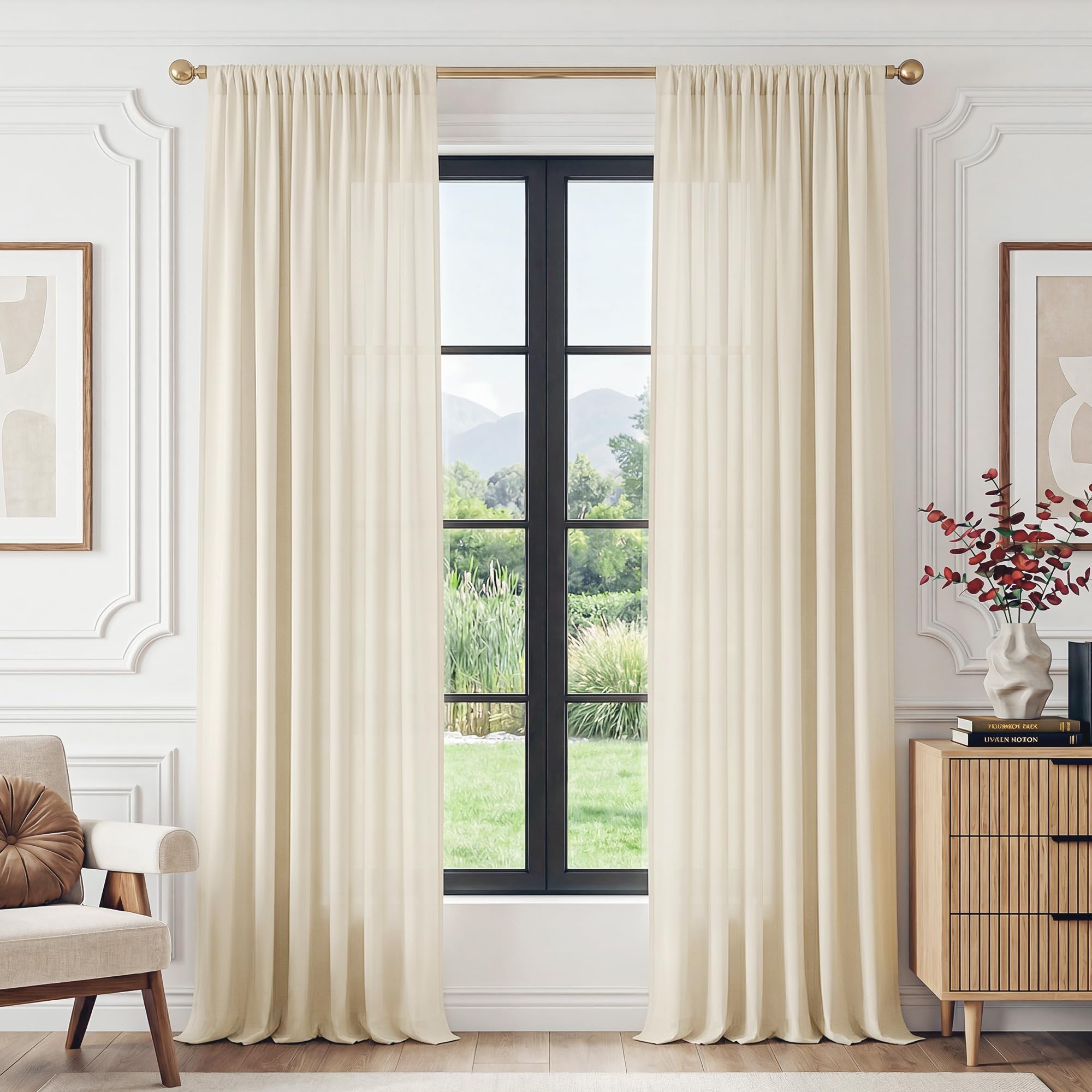 FMFUNCTEX Sheer Non-See-Through Butter Cream Curtains for Bedroom, Faux Silk That Let Light Curtains 84 inches Long Light Filtering Privacy Sheer Window Drapes for Living Room, Rod Pocket 2 Panels Set