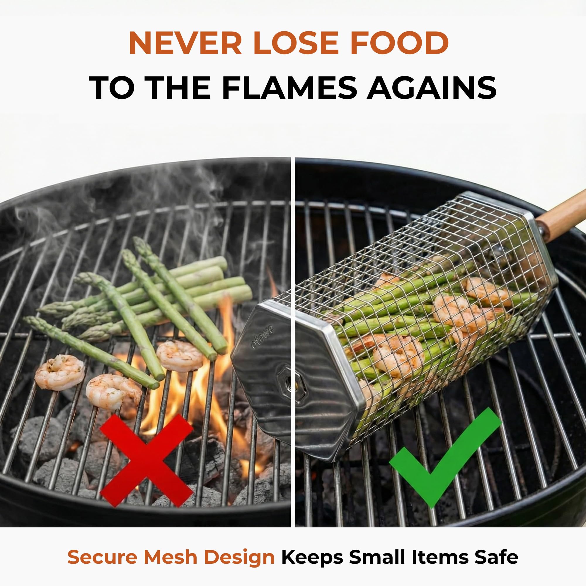 2 Pack Rolling Grill Basket – Stainless Steel Grilling Basket with Lid and Removable Wooden Handle – BBQ Accessories for Vegetables, Shrimp, Meat – Outdoor Cooking Gift for Dad or Husband