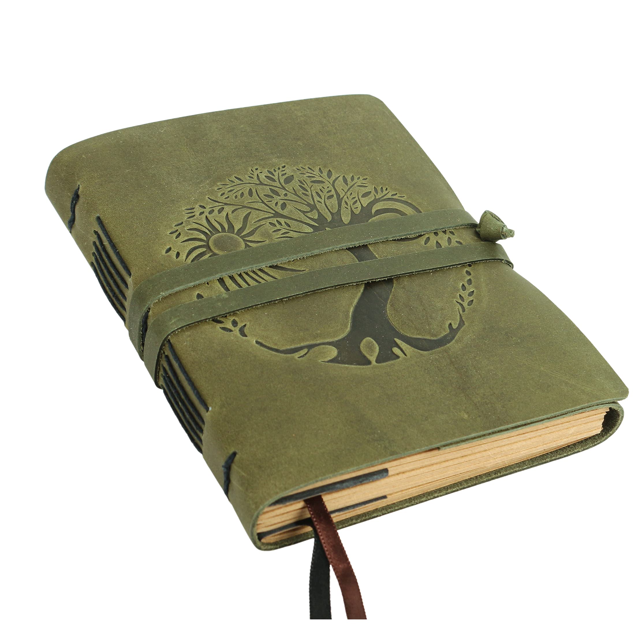 Leather Journal for women and men embossed 8 x 6 inch Handmade Lined craft paper tree of life sun and moon notebook writing notepad book of shadows journal (Green)