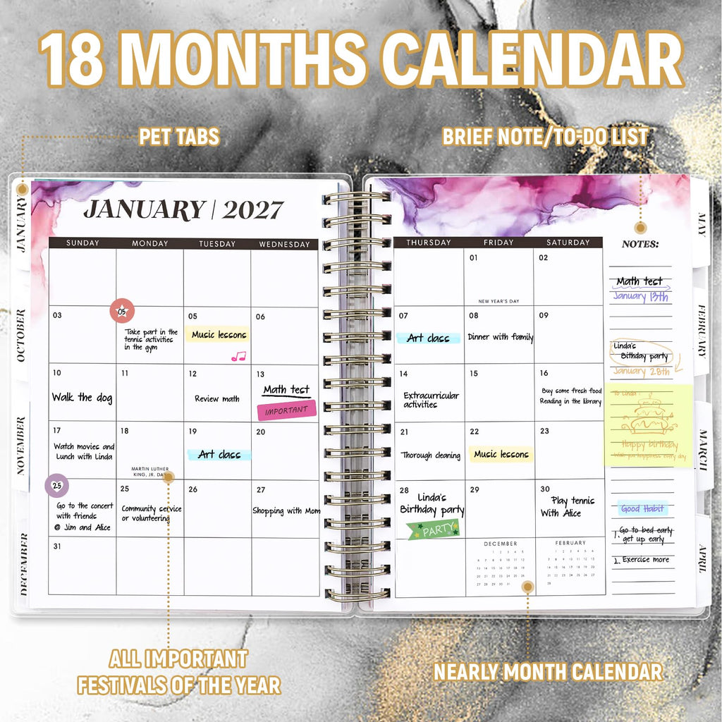 Planner 2026-2027, 18 Months Academic Daily Weekly Monthly Planner Yearly Agenda January 2026 – June 2027, Page Tabs, Separator Page, Inner Pocket, Bookmark, Stickers, Sticky Note Set, 7.9" x 9.8"