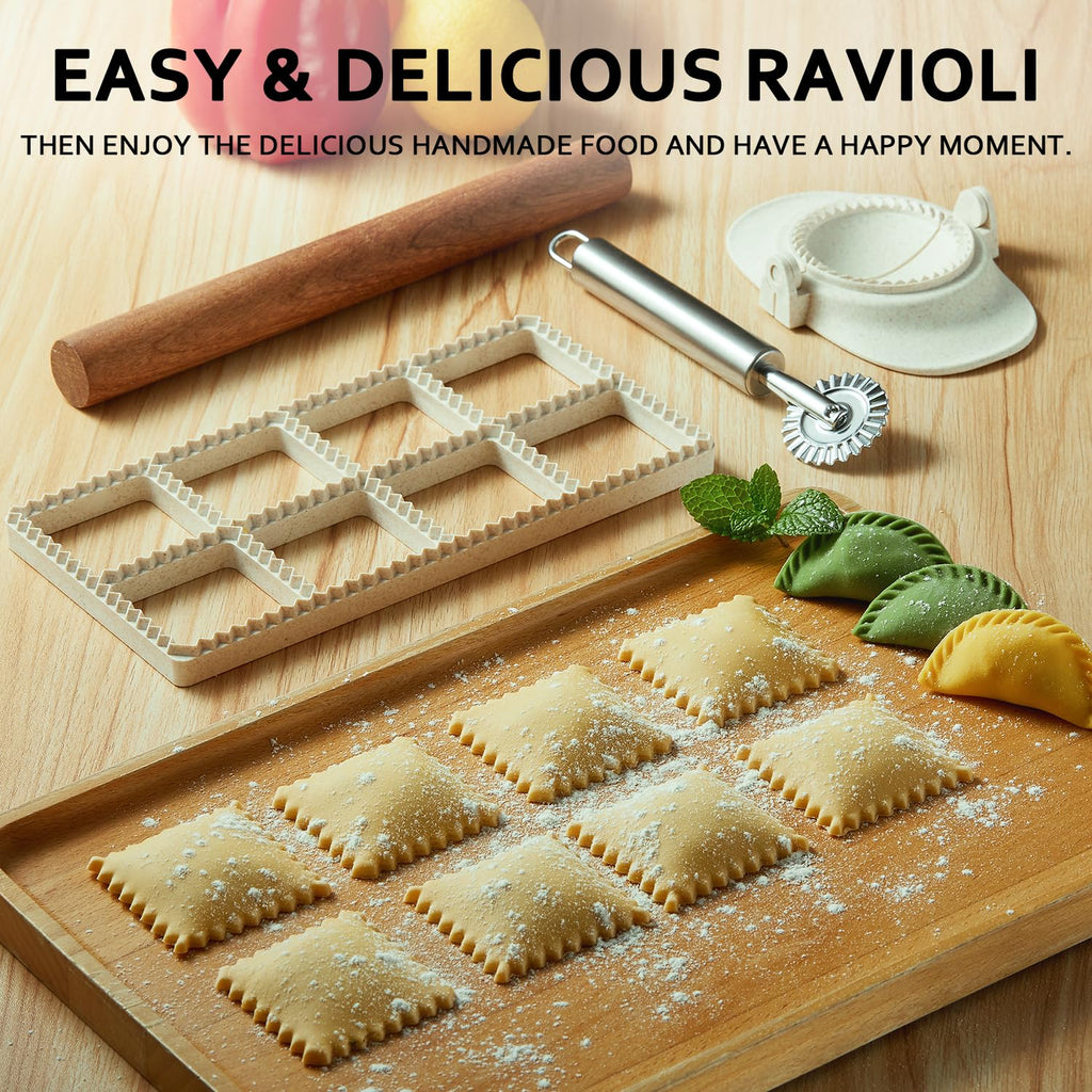MUMSUNG 6pcs Ravioli Cutter Set, 8 Holes Press Ravioli Maker with Wooden Rolling Pin, Pasta Wheel Cutter and Small Dumpling Maker