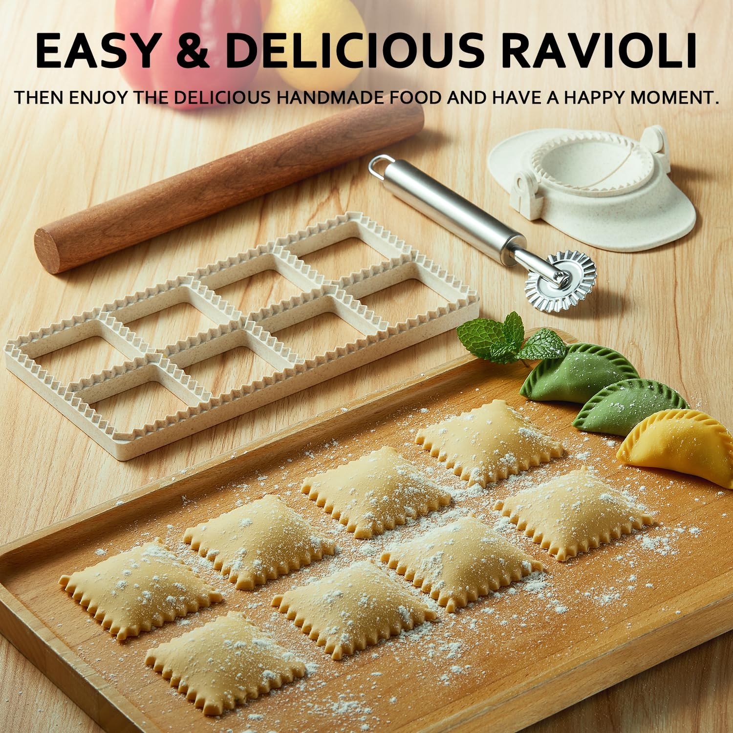 MUMSUNG 6pcs Ravioli Cutter Set, 8 Holes Press Ravioli Maker with Wooden Rolling Pin, Pasta Wheel Cutter and Small Dumpling Maker