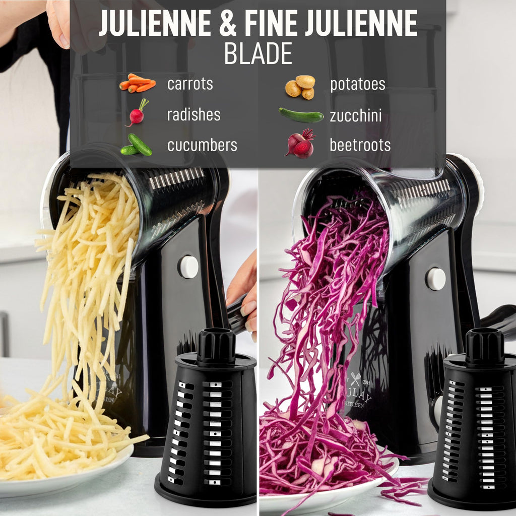 Zulay Kitchen 5-Blade Rotary Cheese Grater - Manual Hand Crank Cheese Shredder with Reinforced Suction & 5 Interchangeable Drums - Vegetable Chopper & Round Mandoline Slicer