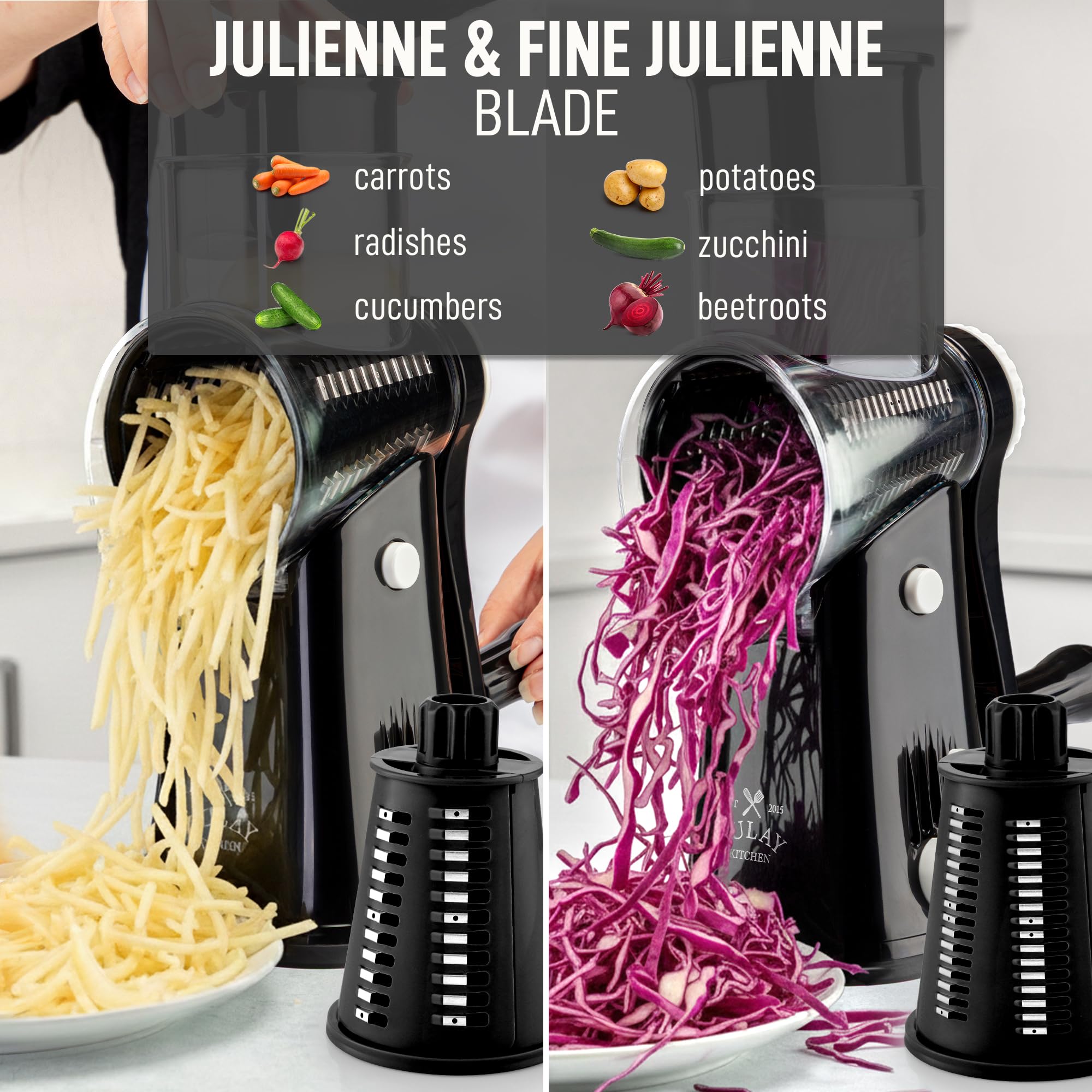 Zulay Kitchen 5-Blade Rotary Cheese Grater - Manual Hand Crank Cheese Shredder with Reinforced Suction & 5 Interchangeable Drums - Vegetable Chopper & Round Mandoline Slicer