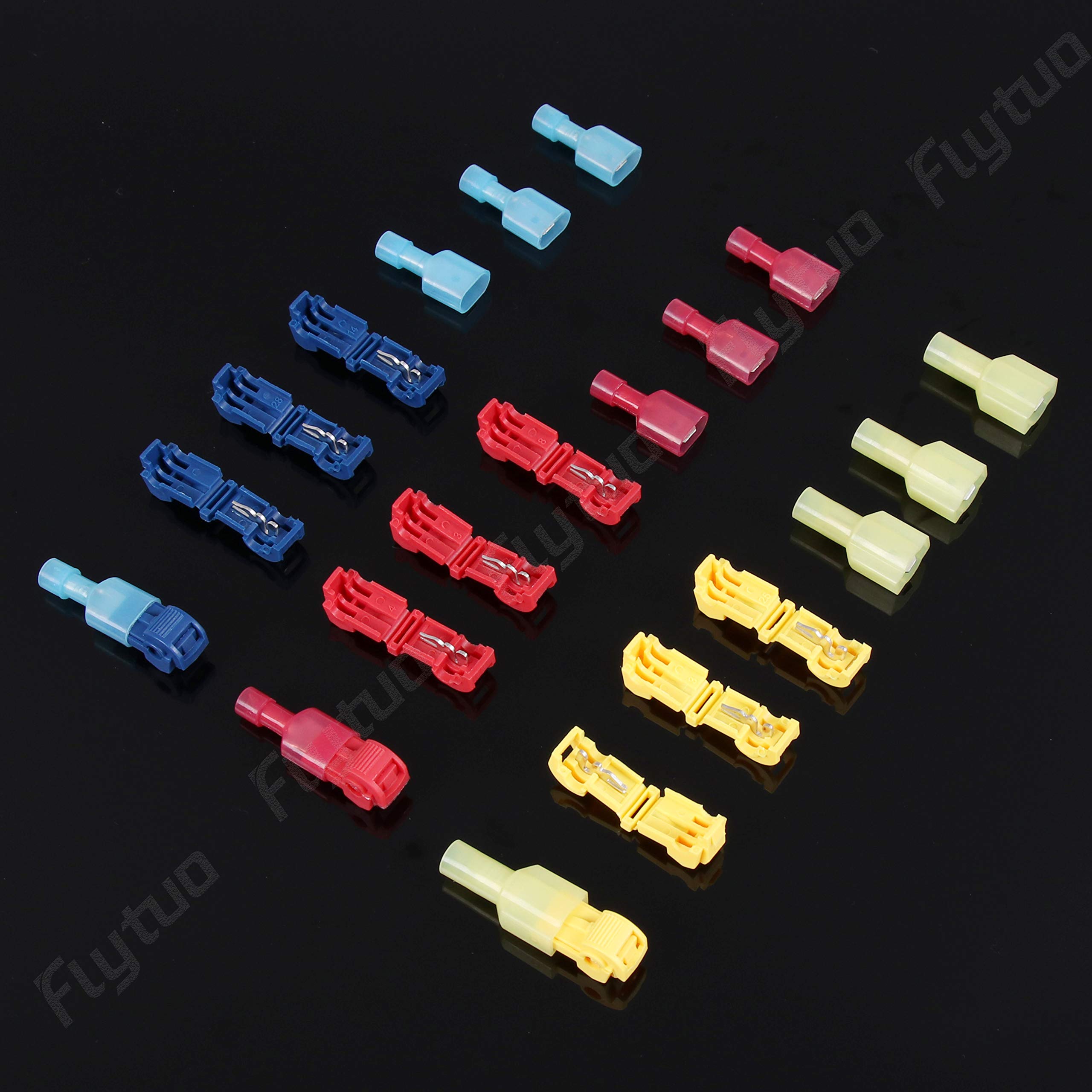 Flytuo 240PCS T-Tap Wire Connectors, AWG 22-10, Self-Stripping Quick Splice Electrical Wire Terminals, Color Coded Insulated Male Quick Disconnect Spade Terminals Assortment Kit for Wiring (3 Colors)
