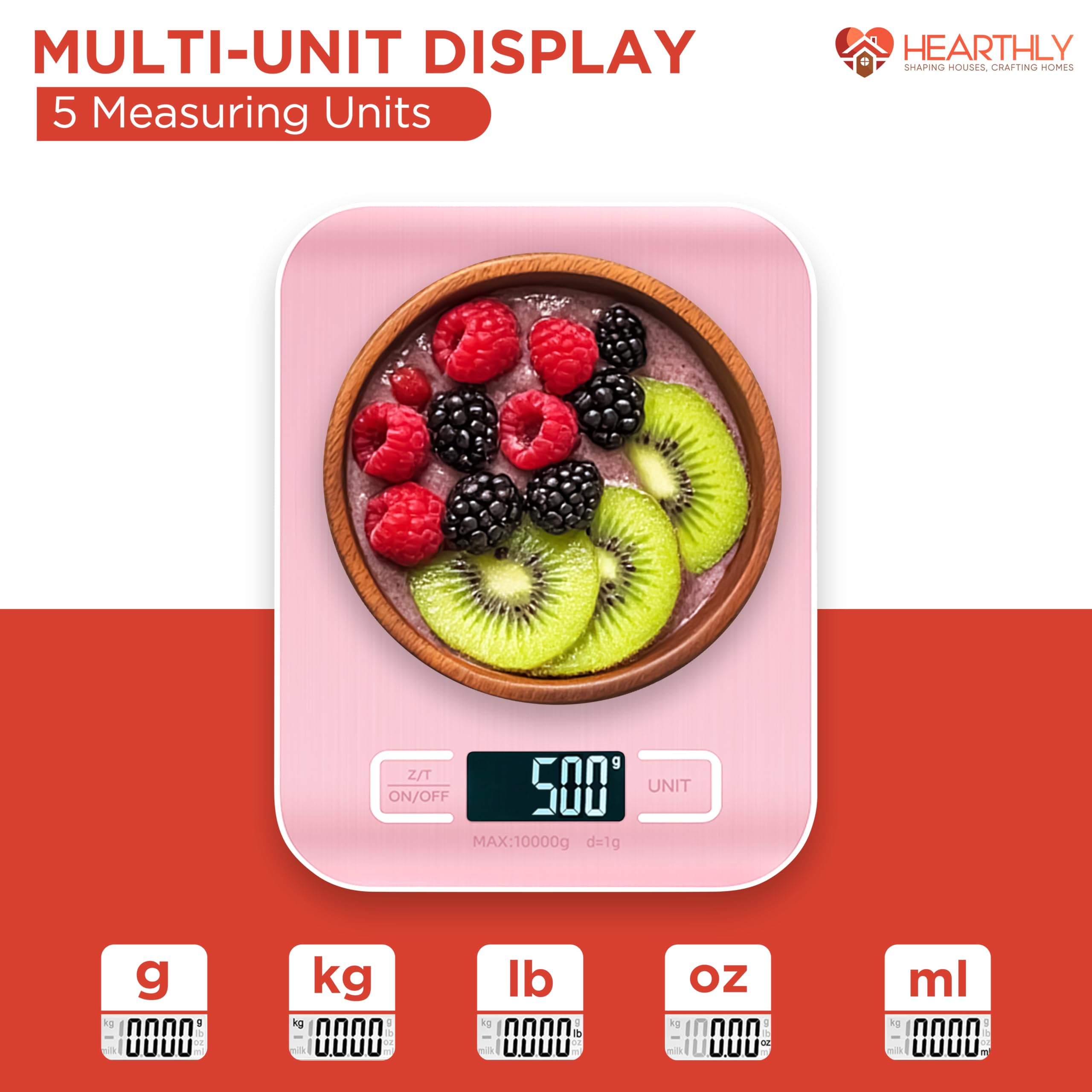 22lb Digital Kitchen Scale - 304 Stainless Steel & Tempered Glass Food Scale - Food Weighing Scale with Digital Weight Grams and Ounces with Batteries Included (Pink)