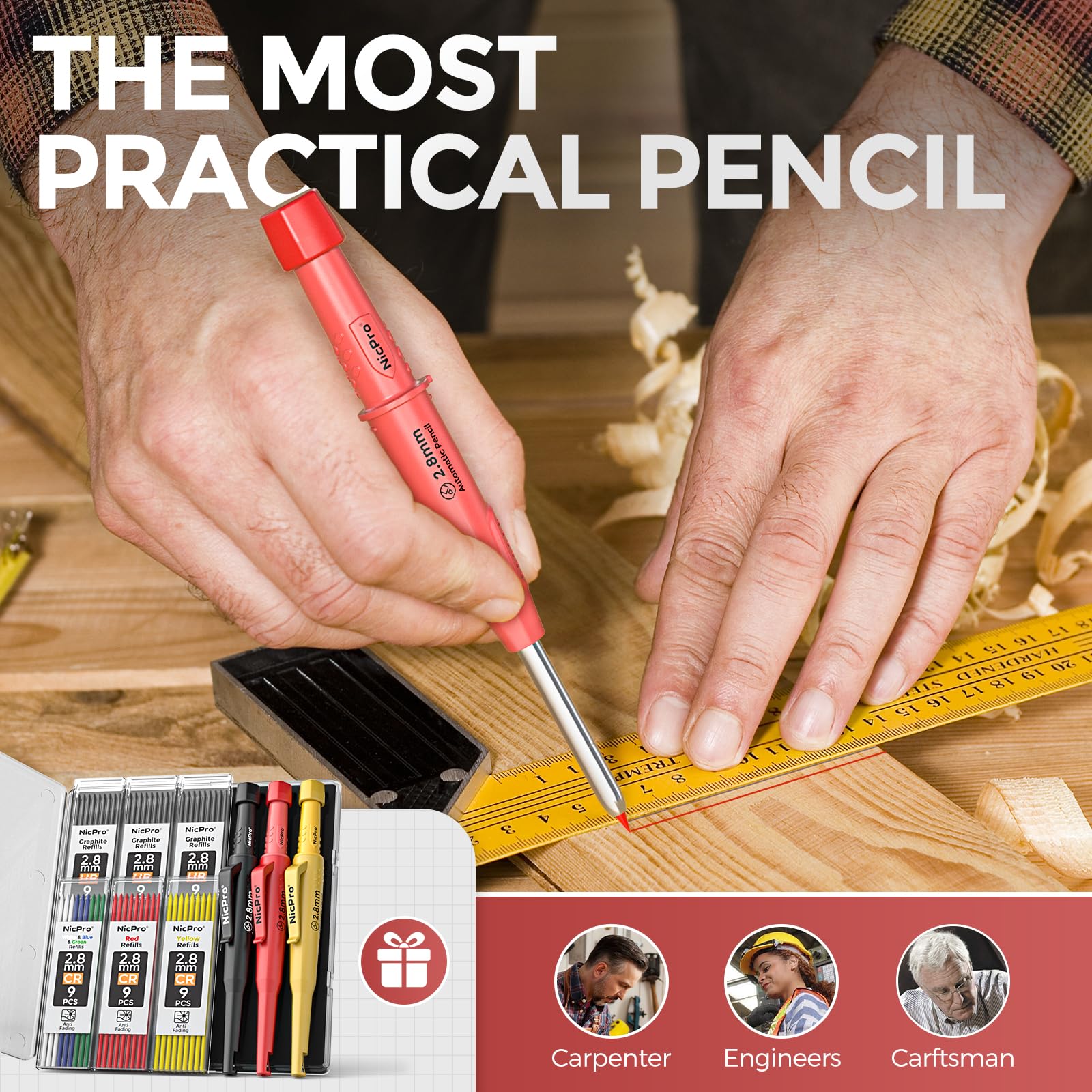 Nicpro CP3000 3 Pack Carpenter Pencil with Sharpener, Mechanical Carpenter Pencils with 57 Refills, Construction Pencil Heavy Duty Woodworking Pencils for Architect Marking (Red, Black, Yellow)
