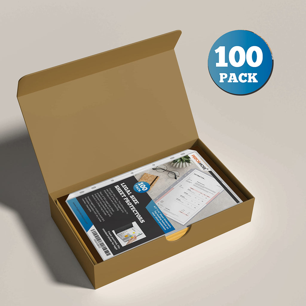 Legal Size Sheet Protectors 8.5x14, 100 Pack Heavyweight Top Loading 3-Ring Binder Sleeves, Archival Quality Acid Free Clear Plastic Page Protectors, Document Sleeves - Performore