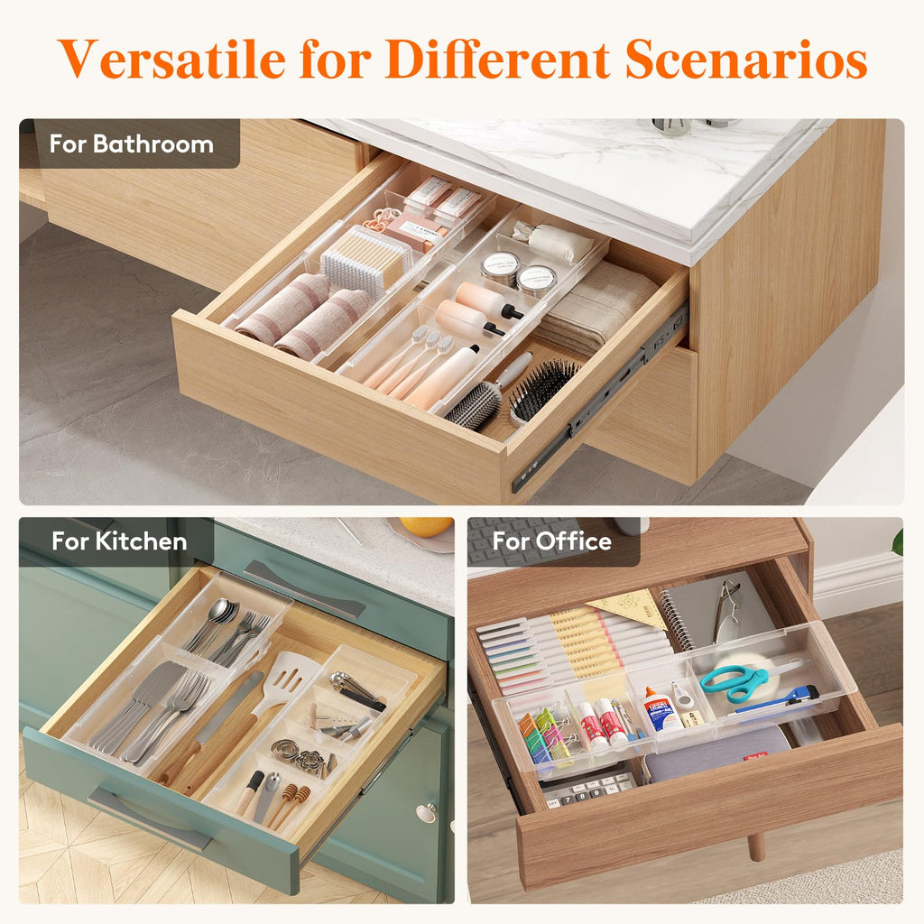 Lifewit Sliding Makeup Drawer Organizer Trays with Inserts, Extendable Hanging Desk Drawer Divider, Fits 13-20" Deep Drawers, 1.8" High Plastic Organizer Tray for Vanity, Office, Kitchen, Translucent