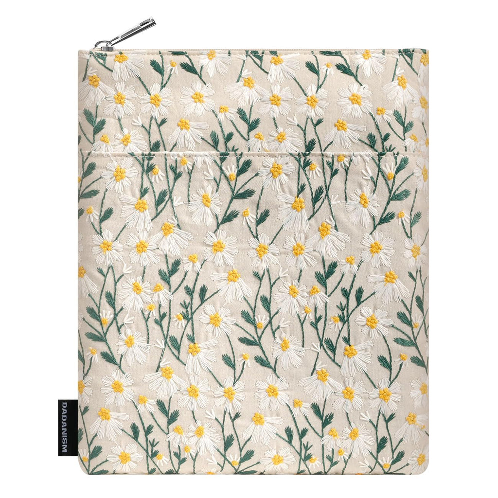 Dadanism Daisy Embroidered Book Sleeve with Zipper, Book Protector Pouch Books Lovers Gifts Bookish Gifts B-OOK Cover with Front Pocket for Hardcover Paperback, for Reader Teacher, Beige