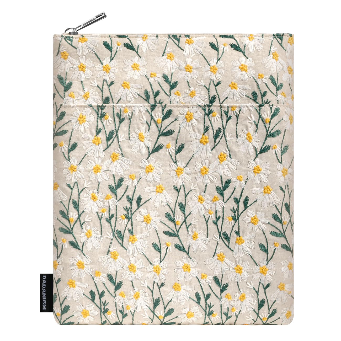 Dadanism Daisy Embroidered Book Sleeve with Zipper, Book Protector Pouch Books Lovers Gifts Bookish Gifts B-OOK Cover with Front Pocket for Hardcover Paperback, for Reader Teacher, Beige