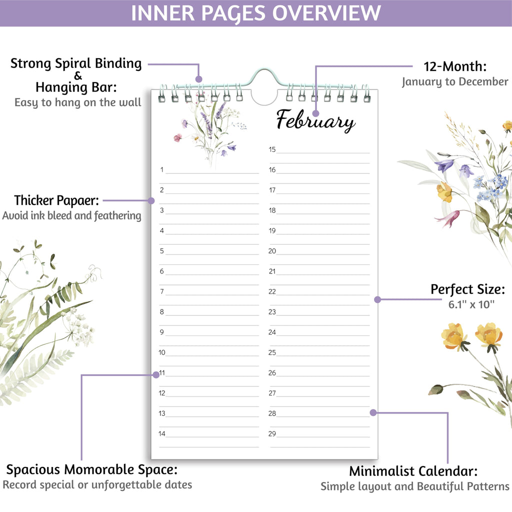 Perpetual Calendar – Undated Calendar 12-Month for Birthday, Anniversaries, Important Days, Festivals Reminder, 6'' x 10'' with 2 Lines Per Days, Twin-wire Binding, Thicker Paper, Minimalist Flowers