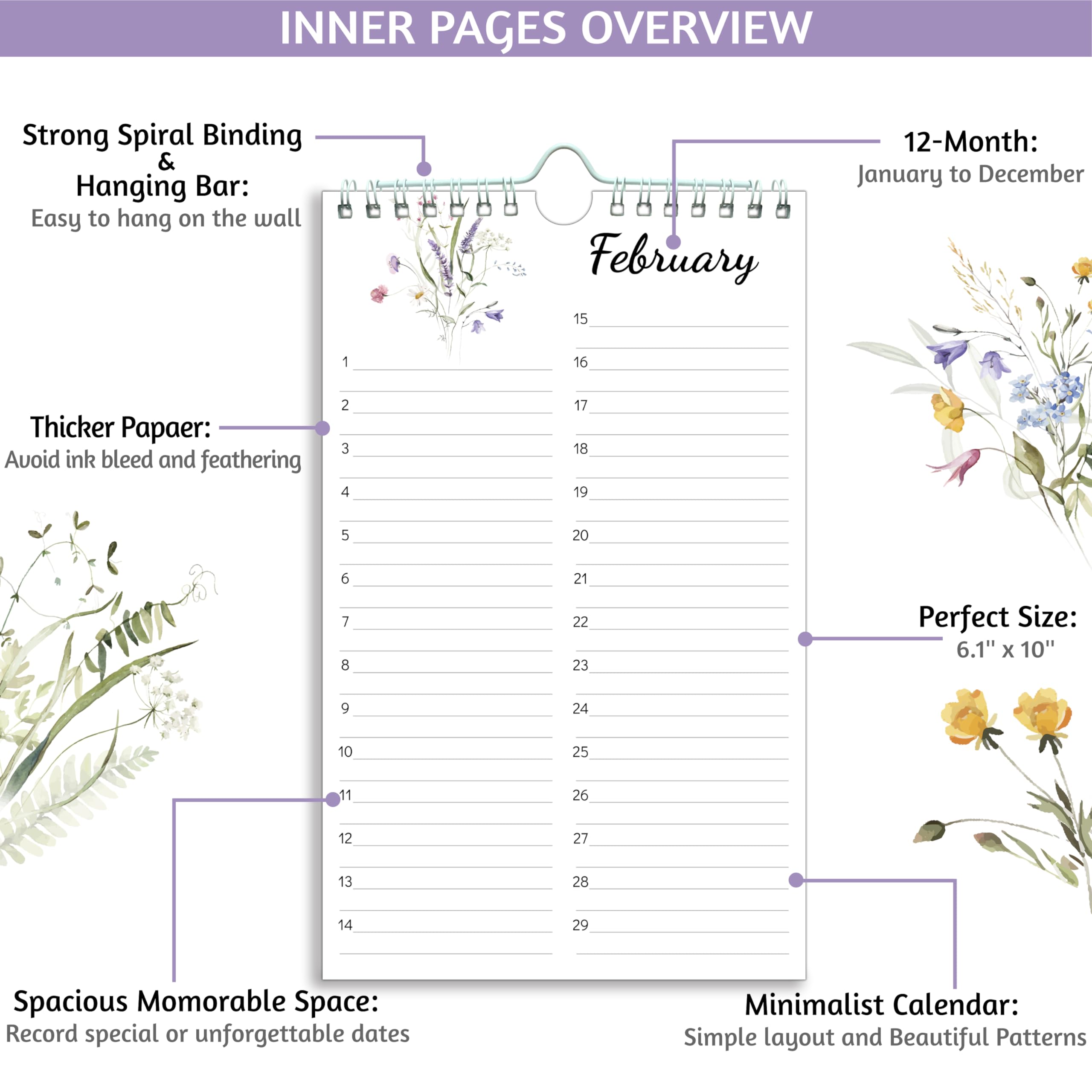 Perpetual Calendar – Undated Calendar 12-Month for Birthday, Anniversaries, Important Days, Festivals Reminder, 6'' x 10'' with 2 Lines Per Days, Twin-wire Binding, Thicker Paper, Minimalist Flowers