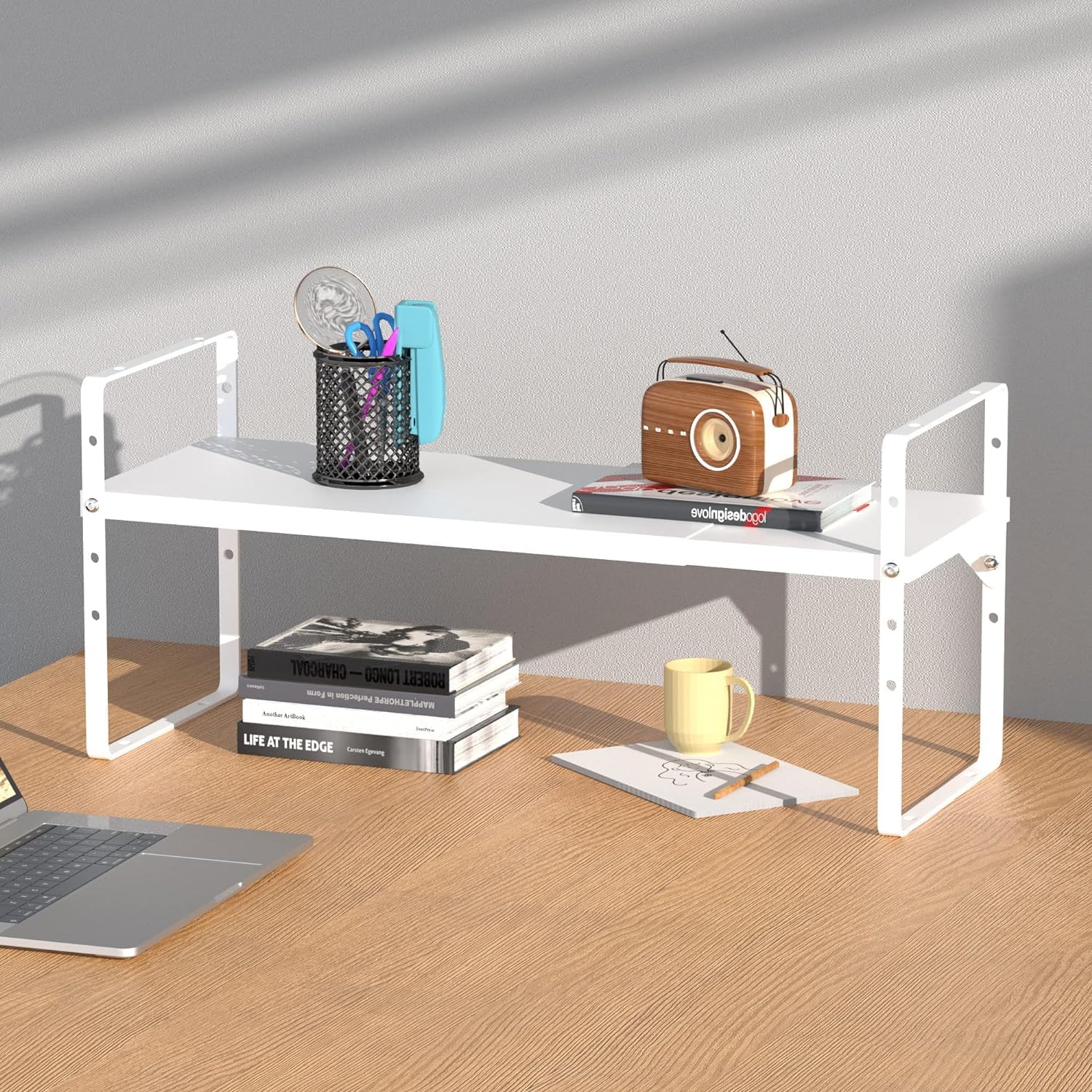 DPZM 1Pcs Expandable Cabinet Shelf,Stackable&Adjustable Cupboard Shelf,L16.5-27'' x W8'' Spice Rack,Spice Organizer, White Cabinet Shelf Organizer for Kitchen Office Bathroom