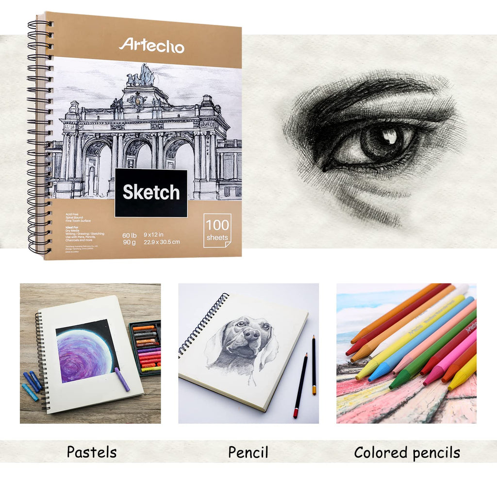 Artecho 9x12 Sketch Book, 100 Sheets (60 lb/90gsm), Spiral Bound, Art Supplies Sketch Pad, Durable Acid Free Drawing Paper, Ideal for Kids & Adults, Natural White