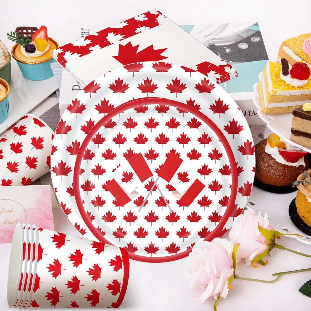 SINGOMON 96PCS Canadian Flag Plates and Cutlery Set Canada Day Dinnerware Set Dinner Plates Disposable Paper Plate Party Cups Paper Napkins for 1th of July Canadian National Day Canada Day Decorations