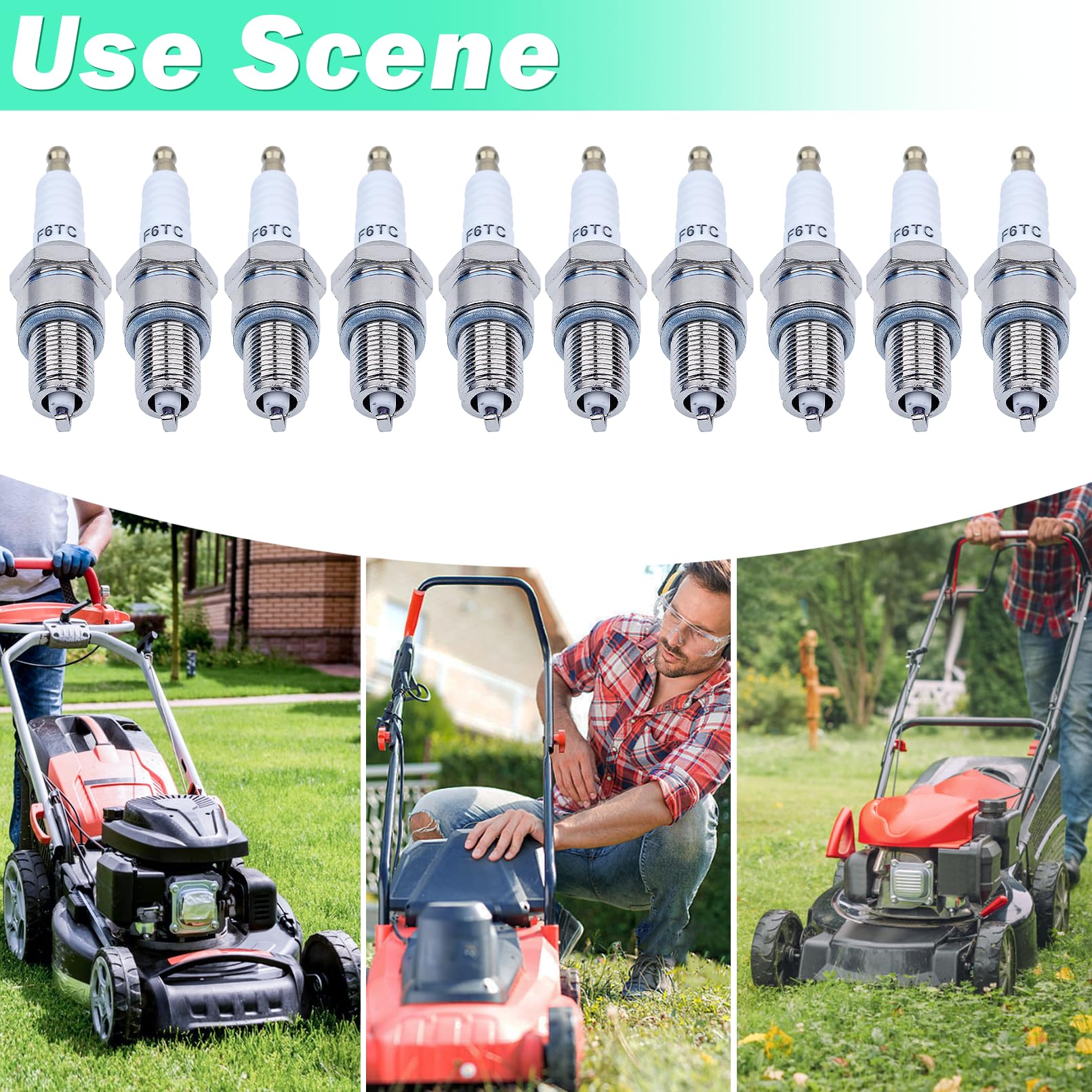 F6TC Spark Plugs for Honda GX160 GCV160 GX100 GX120 GX200 GX240 GX270 GX340 GX390 Series Lawnmower Engine Sparkplug， F6TC Spark Plug for NGK BP6ES and for Champion N9YC, (10 Pack F6TC Spark Plug)