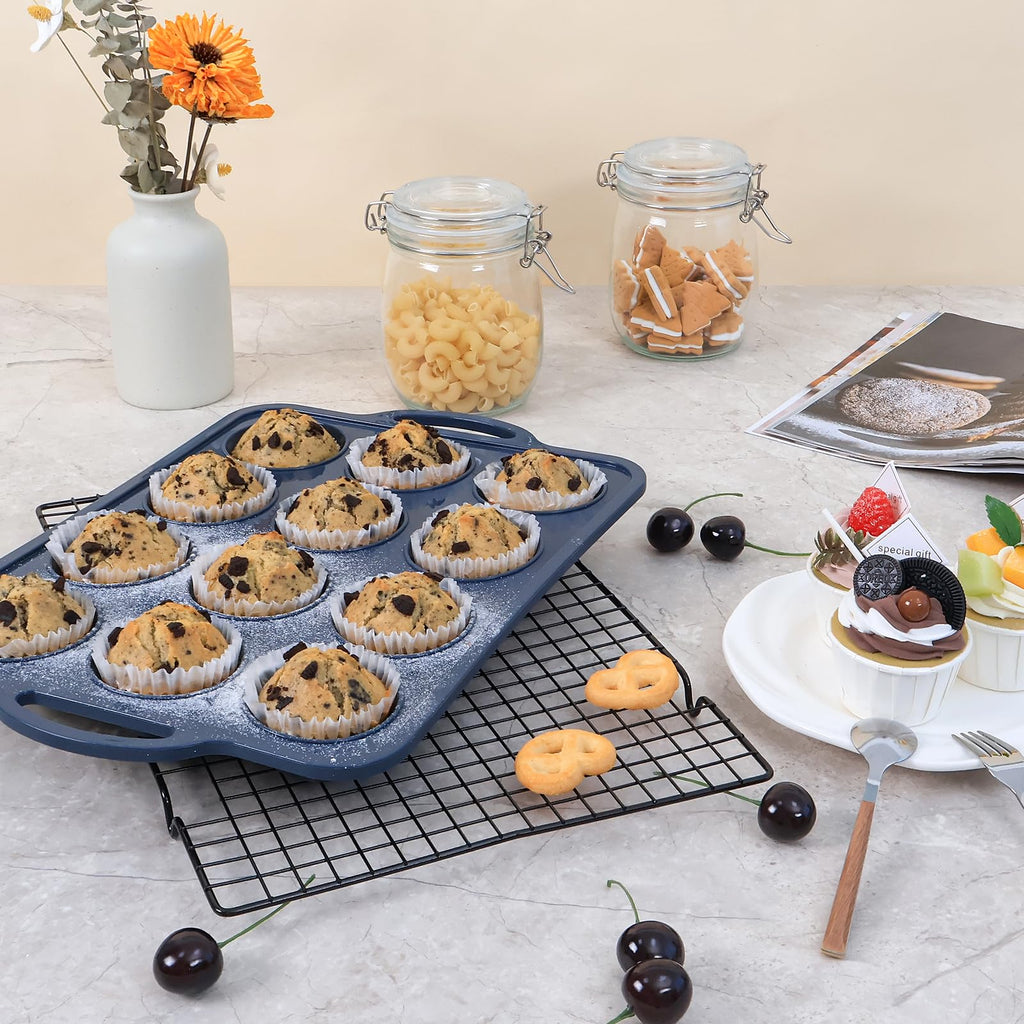 2 Pack Silicone Muffin Pan with Metal Frame, Non Stick Silicone Cupcake Pan with Handles Regular 12 Cup, BPA Free Silicon Muffin Tin Tray for Baking, Egg Bites, Cupcake Mold Grey