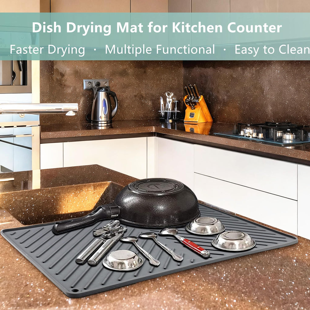 IYYI Dish Drying Mat, Silicone Dish Drying Mat, Drying Mat for Kitchen Counter, Large Drainer Mat, Non-silp, Heat Resistant, Dishwasher Safe, Drainboard with Built-in Drain (Black, 20"x17")