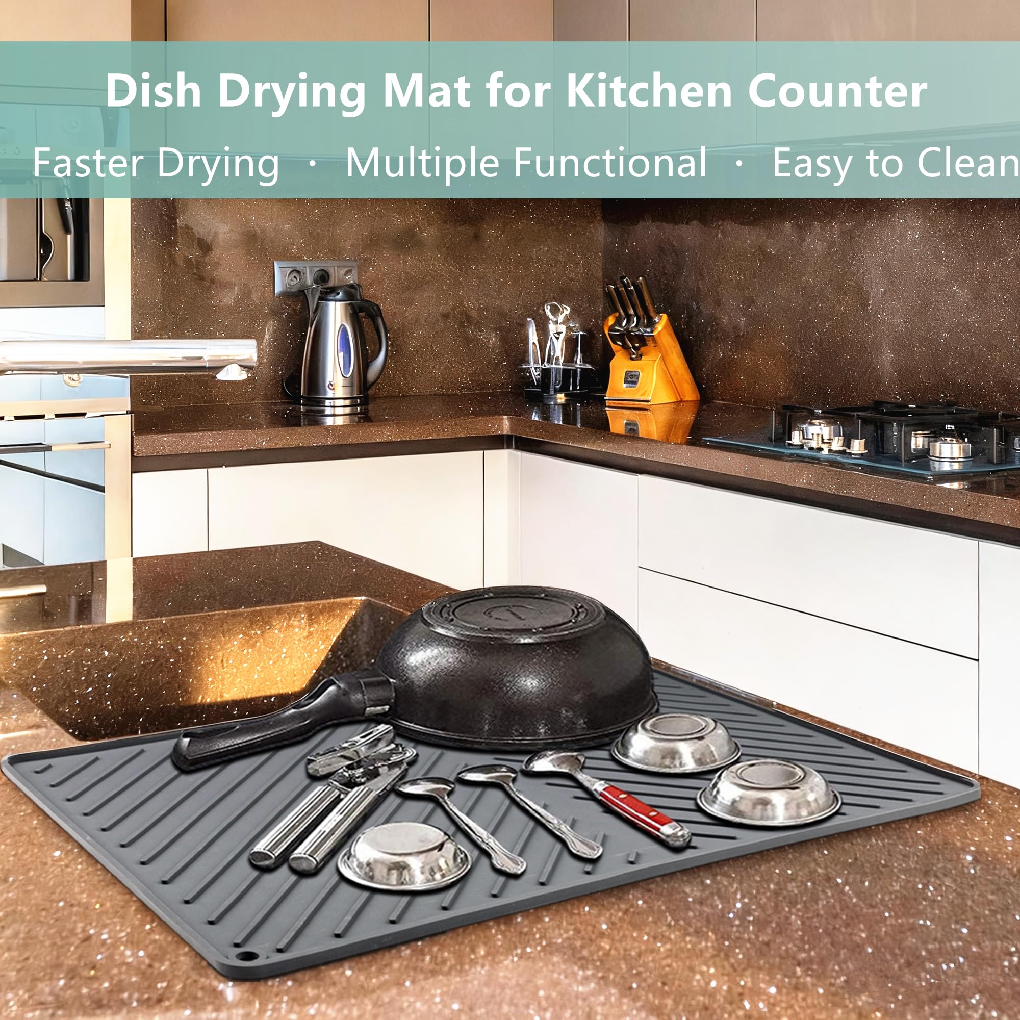 IYYI Dish Drying Mat, Silicone Dish Drying Mat, Drying Mat for Kitchen Counter, Large Drainer Mat, Non-silp, Heat Resistant, Dishwasher Safe, Drainboard with Built-in Drain (Black, 20"x17")