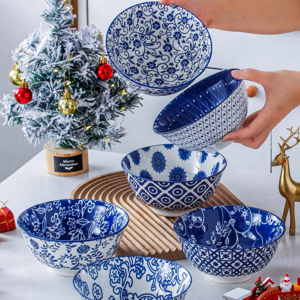 Cerkik Ceramic Soup Bowls Set – 24 Oz / 680 ml Deep Cereal Bowls, 6 Inch / 15.8 cm Large Porcelain Dinner Bowls for Salad, Pasta, Dessert, Oatmeal – Microwave Dishwasher Safe – Set of 6 – Vintage Blue