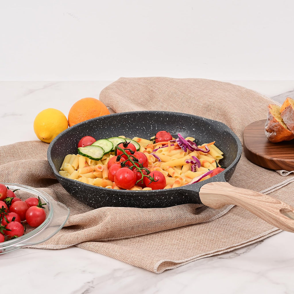 JEETEE 8 inch Nonstick Frying Pan Granite Stone Coating Cookware, Nonstick Omelette Skillet with Soft Touch Handle, All Stove Induction Compatible (Gray)