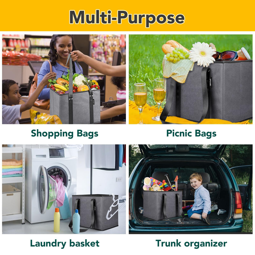 BURVAGY 4 Pack Reusable Grocery Bags - Heavy Duty Reusable Shopping Bags with Box Shape to Stand Up, Stay Open, Fold Flat - Foldable Grocery Tote Bag with Long Handles & Reinforced Bottom Grey
