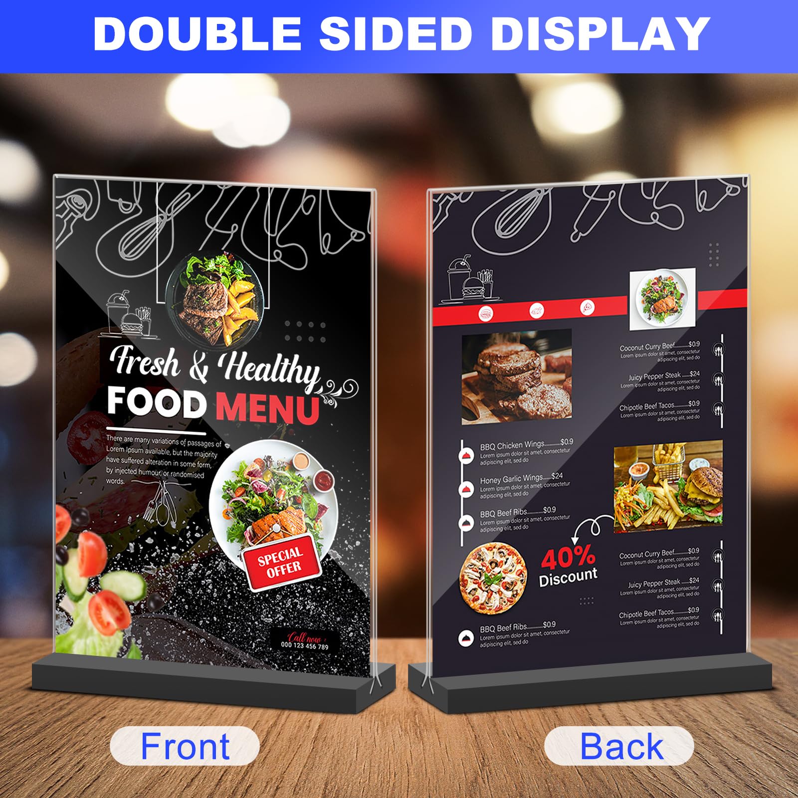 Acrylic Sign Holder 5x7 Inches,6 Packs Double-Sided Stand up Table Top Sign Holders,Clear Acrylic Picture Frame, Menu Flyer Paper Holder,Display Stand for Office Business Store Wedding Party - Black