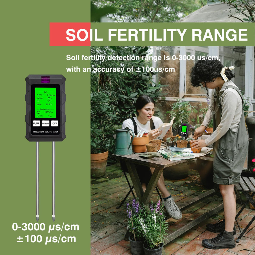 LSENLTY 6-in-1 Soil Moisture Meter Digital Plant Fertility/Moisture/PH/Temp/Sunlight/Humidity Backlight LCD Display Soil Test Meter for Gardening, Farming and Outdoor Plants