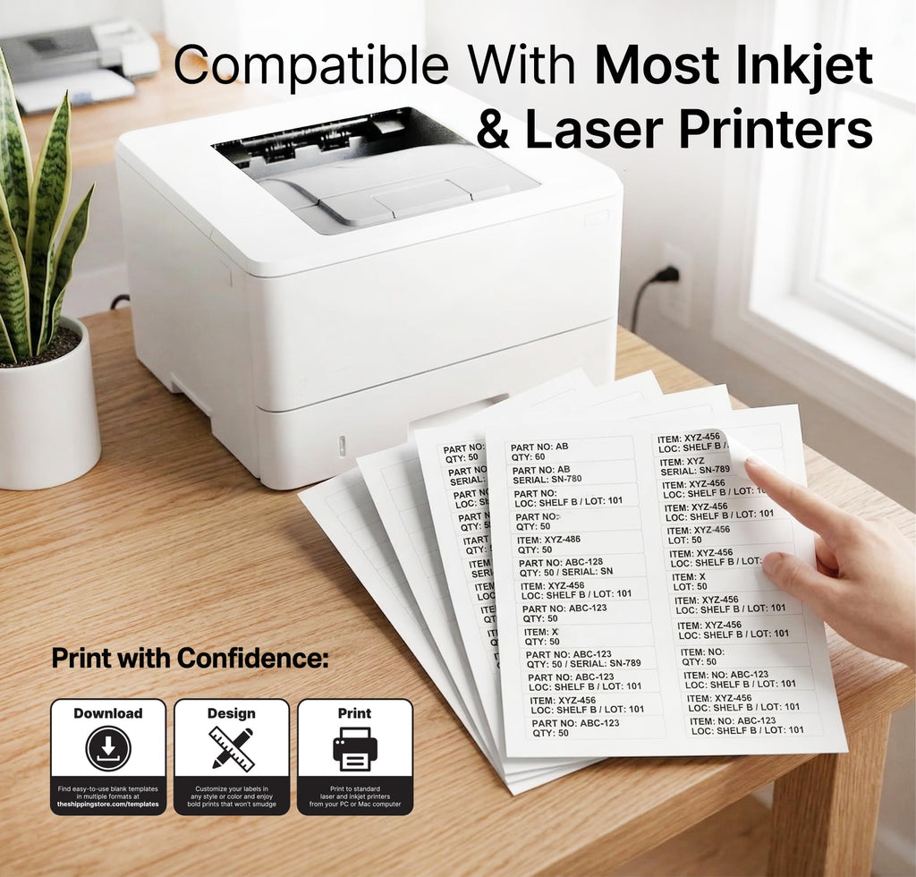 3 7/16" X 2/3" Matte White File Folder Labels Compatible with Inkjet and Laser Printers - 100 Sheets, 3000 Printable Paper Stickers for Return Addresses and Mailing - Spartan Industrial Template R012